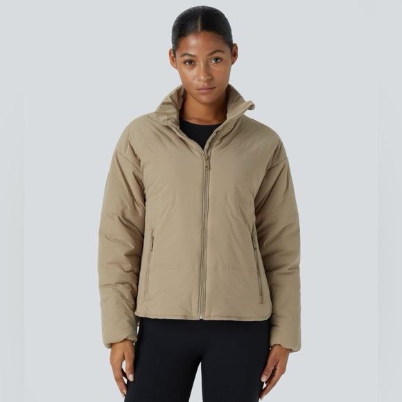 HALARA Jackets & Blazers - Funnel Neck Multiple Pockets Zipper High Low Curved Hem Relaxed Padded Jacket